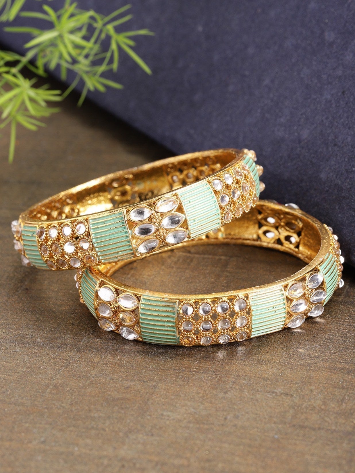 Priyaasi Women Set of 2 Gold-Polished Kundan Studded Meenakari Bangles in Mint Green Color 