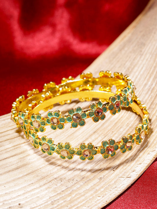 Priyaasi Women Set of 2 Gold-Polished Stones Studded, Green Meenakari Bangles in Floral Pattern | Grab2Buy