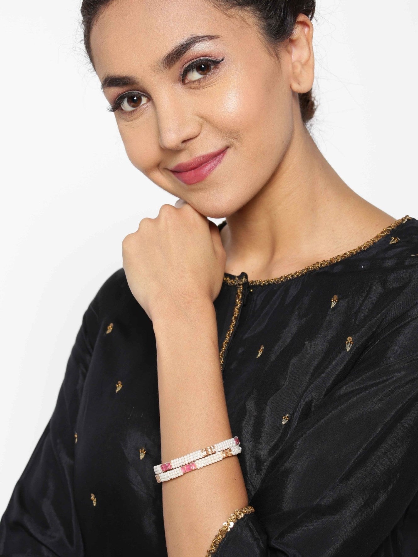 Priyaasi Women Set Of 2 Gold-Polished Pearls and Stones Studded Bangles in Pink and White Color 