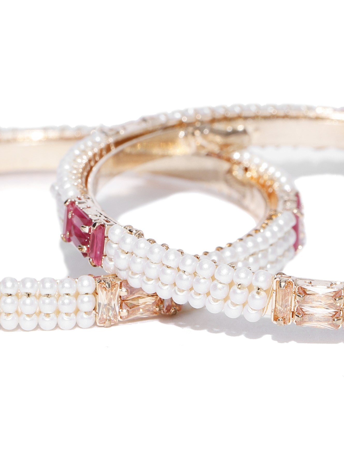 Priyaasi Women Set Of 2 Gold-Polished Pearls and Stones Studded Bangles in Pink and White Color 