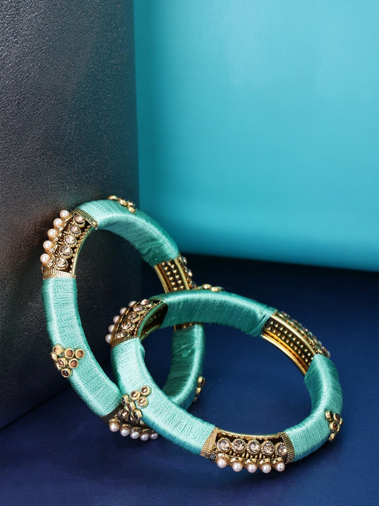 Priyaasi Designer Stone and Pearl Studded Gold-Polished Mint Green Silk Threaded Bangles Set Of 2 