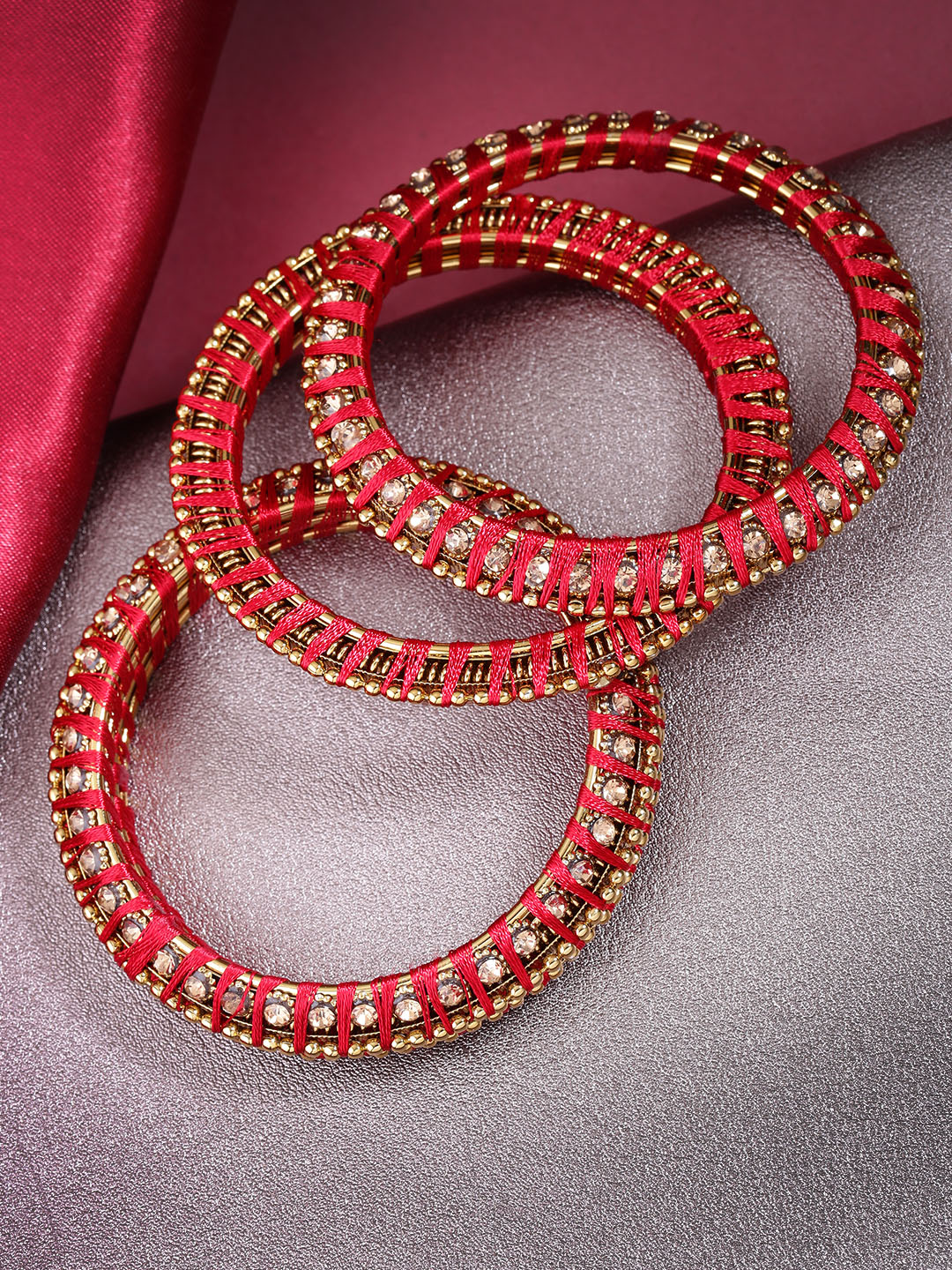 Priyaasi Women Set Of 4 Stones Studded Silk Threaded Bangles in Maroon Color 
