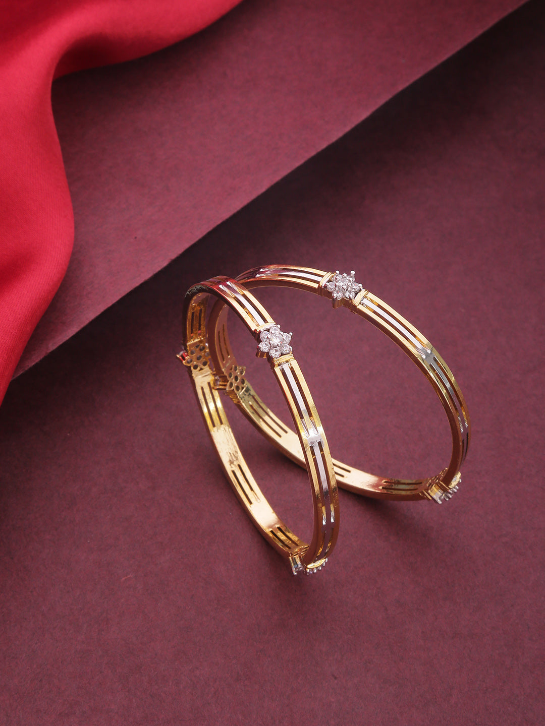Priyaasi Women Set Of 2 Dual Toned American Diamond Studded Bangles in Floral Pattern | Grab2Buy