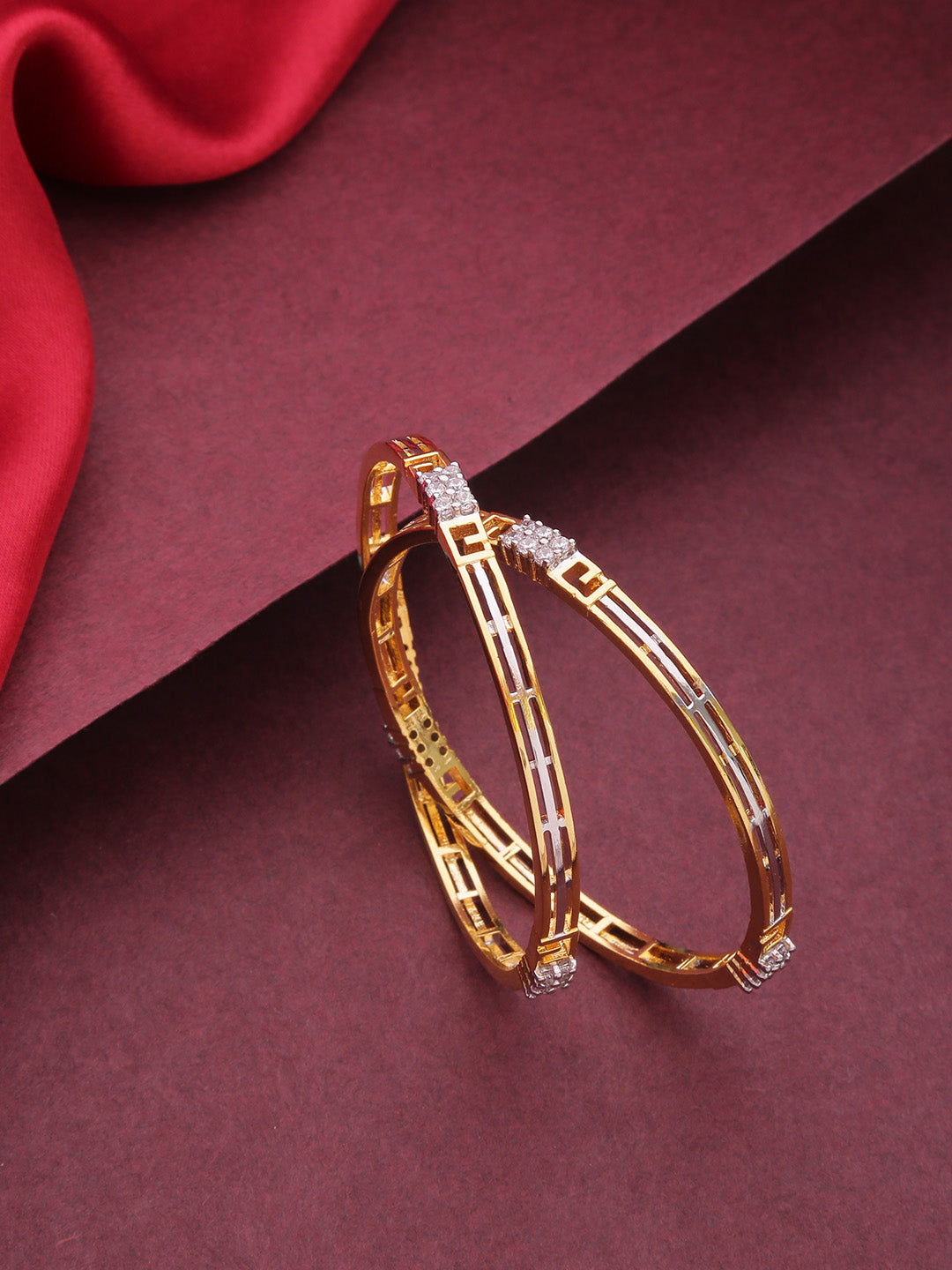 Priyaasi Women Dual Toned AD Studded Geometric Pattern Bangles Set Of 2 | Grab2Buy