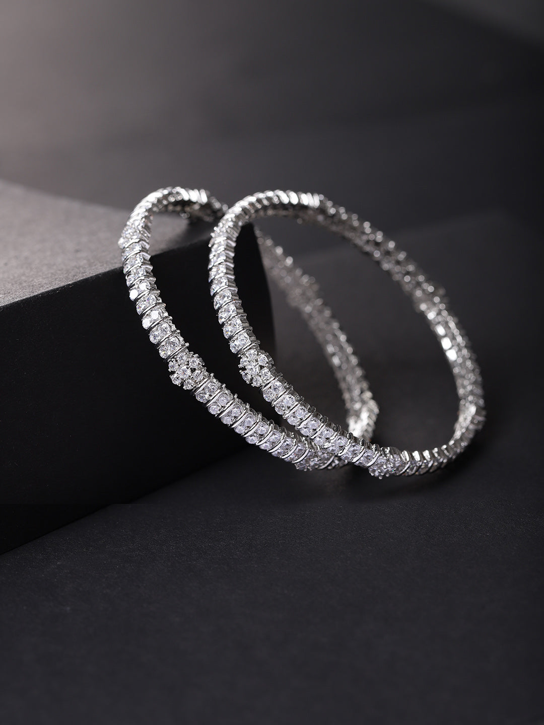 Priyaasi Women Dazzle Date-American Diamond Silver-Plated Set of 2 Bangles 