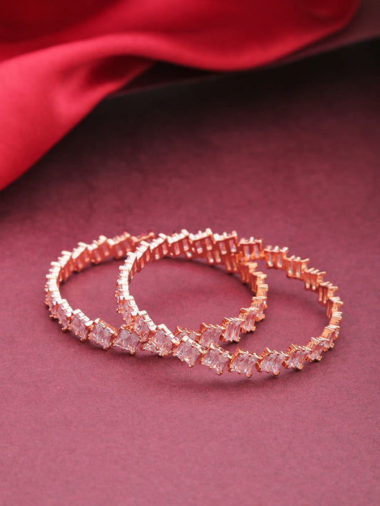 Priyaasi Women Set Of 2 Rose Gold-Polished Baguette Cut American Diamond Studded Bangles 