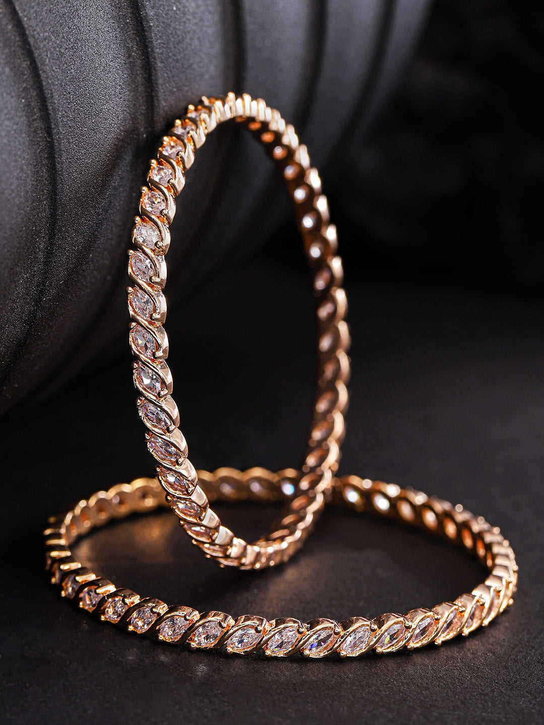 Priyaasi Women Set of 2 Rose Gold-Polished Leaf Design American Diamond Studded Bangles | Grab2Buy