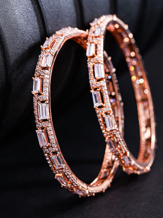 Priyaasi Women Set Of 2 Rose Gold-Polished American Diamond Studded Geometric Patterned Bangles 