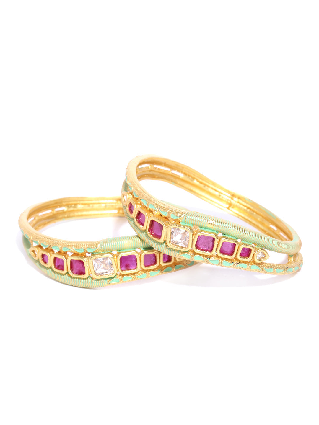 Priyaasi Women Set Of 2 Matte Gold AD And Maroon Stone Studded Mint Green Curved Shape Bangles 