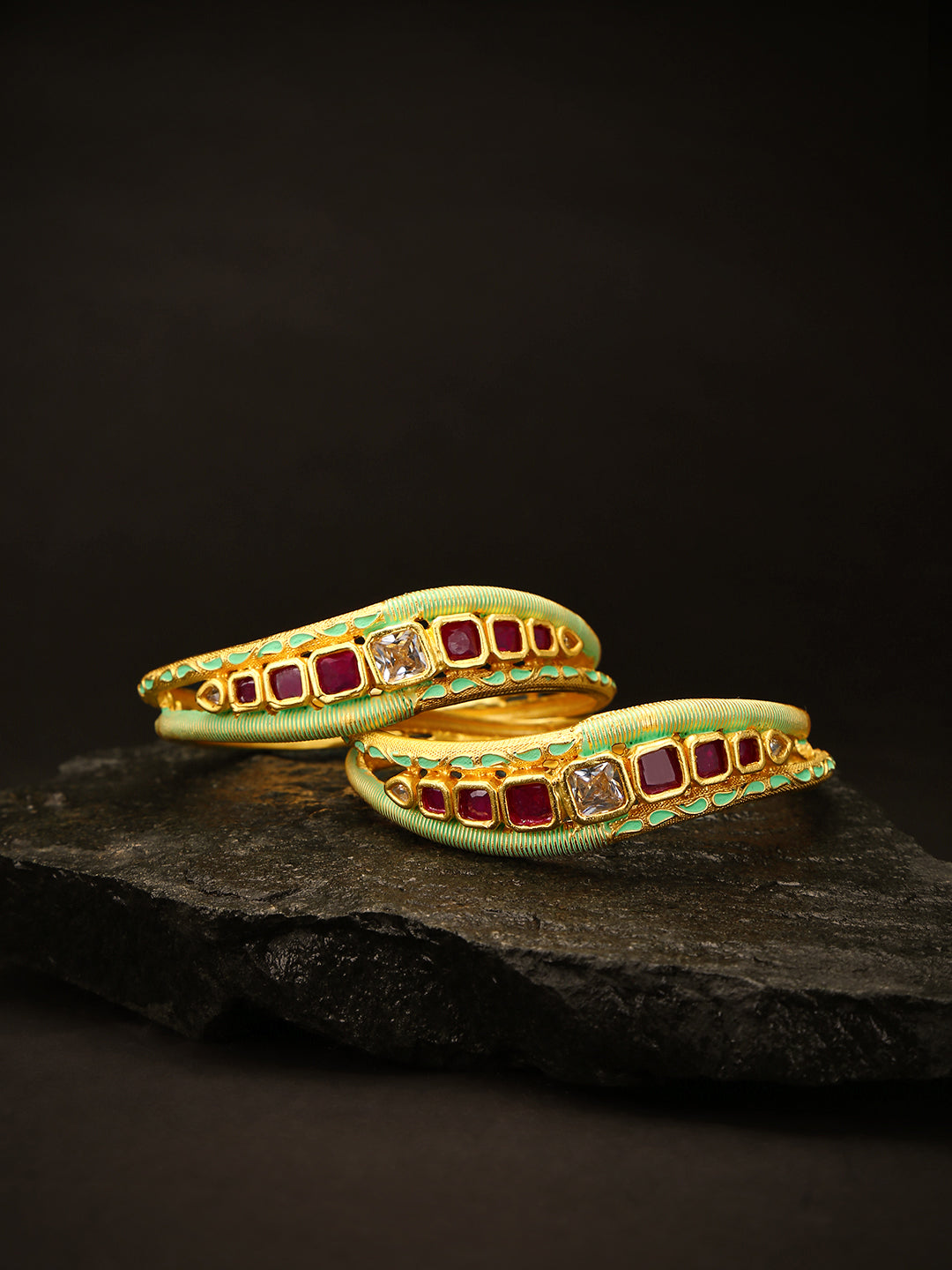 Priyaasi Women Set Of 2 Matte Gold AD And Maroon Stone Studded Mint Green Curved Shape Bangles | Grab2Buy