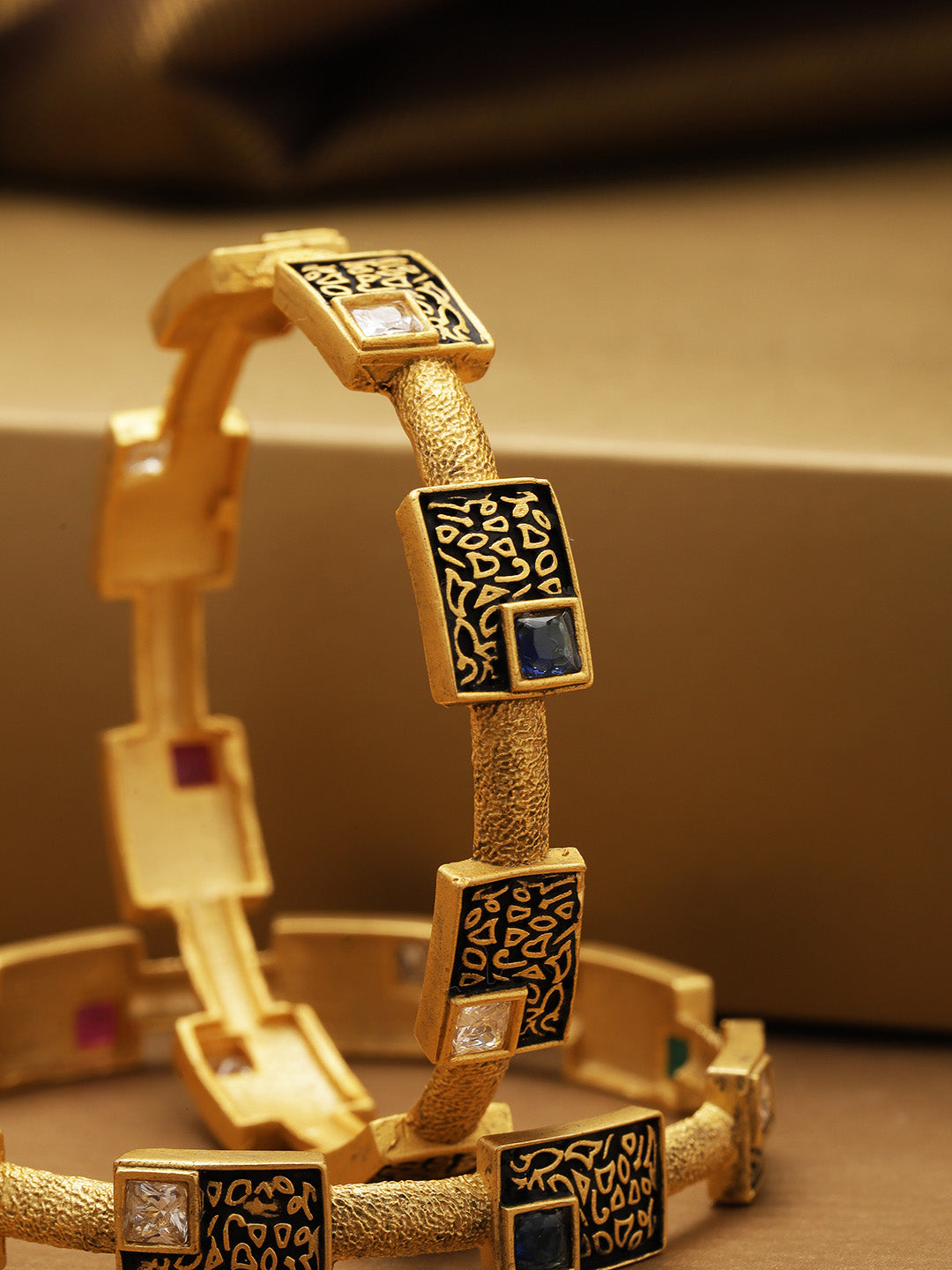 Priyaasi Women Set Of 2 Gold-Polished Multicolor Stones Studded Geometric Bangles 
