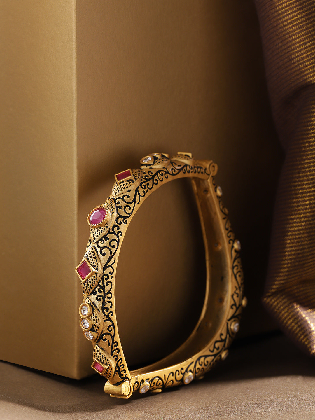 Priyaasi Women Gold-Polished American Diamond & Ruby Studded Openable Bangle 