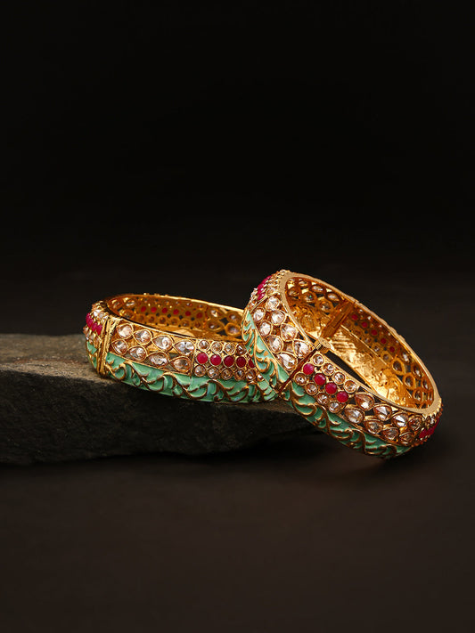Priyaasi Women Set Of 2 Gold-Polished Ruby & American Diamond Studded Mint Green Meenakari Openable Bangle | Grab2Buy