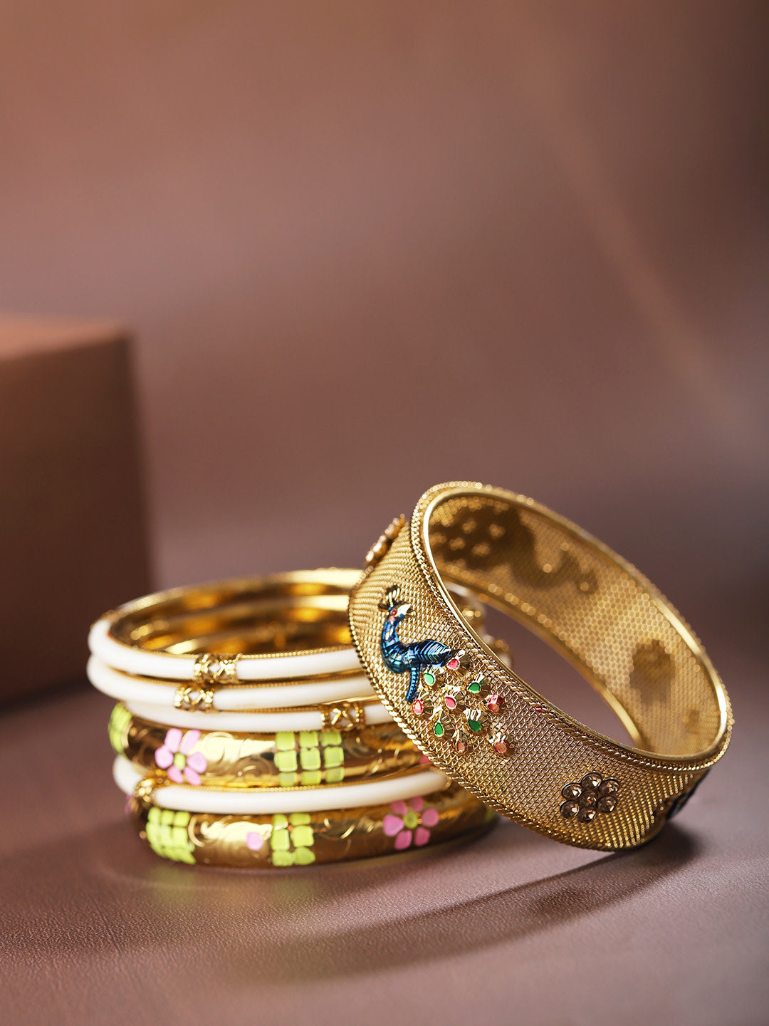 Priyaasi Women Set Of 7 Gold-Polished Peacock Inspired Meenakari Bangles 