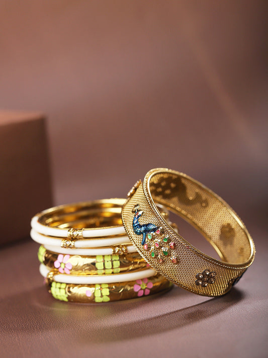 Priyaasi Women Set Of 7 Gold-Polished Peacock Inspired Meenakari Bangles 
