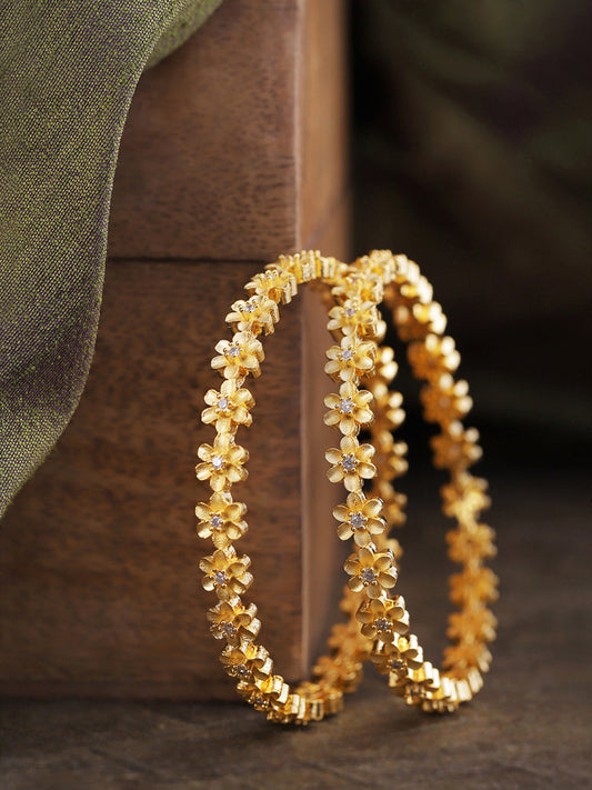 Priyaasi Women Set Of 2 Gold-Polished Stones Studded Bangles in Floral Pattern 