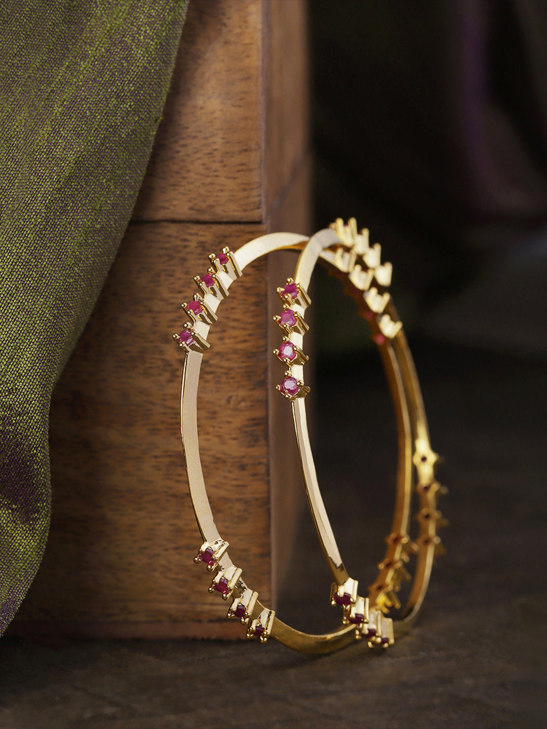 Priyaasi Women Set Of 2 Gold-Polished Ruby Studded Kadli Bangles 