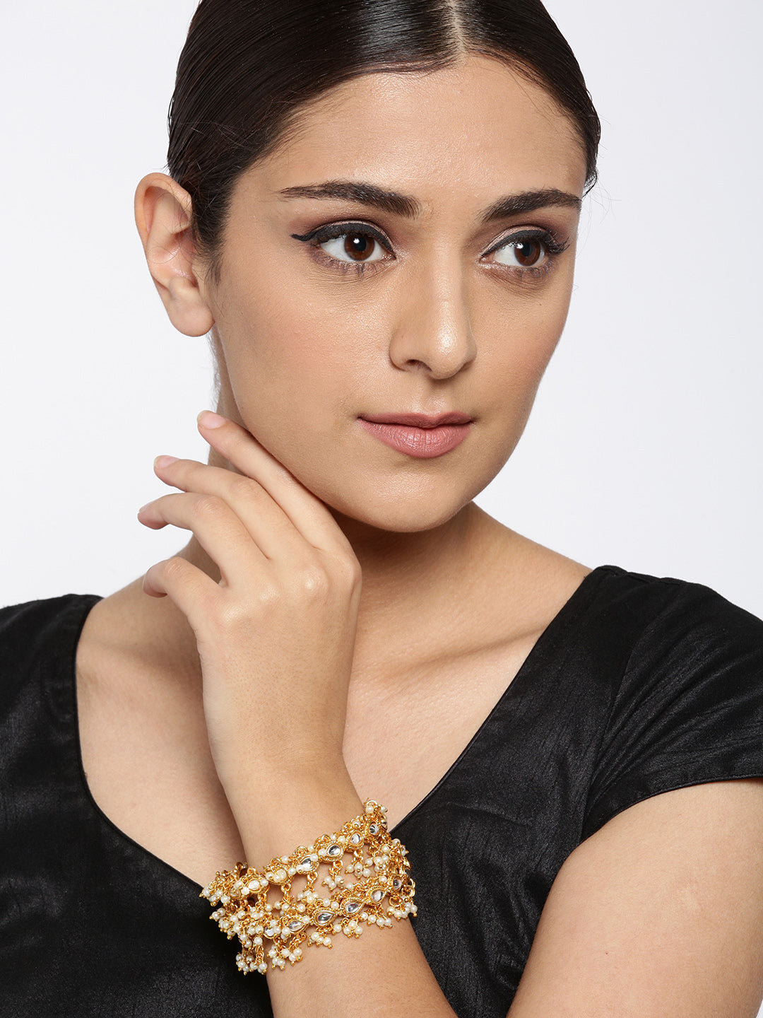 Priyaasi Women Set Of 2 Gold-Polished Kundan Studded Off-White Bead Drop Bangles 