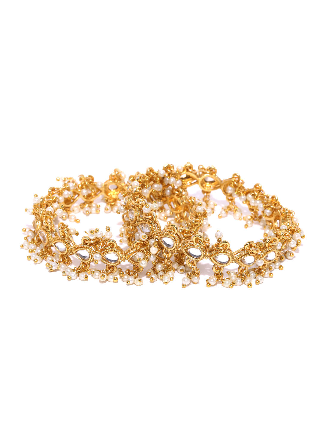 Priyaasi Women Set Of 2 Gold-Polished Kundan Studded Off-White Bead Drop Bangles 