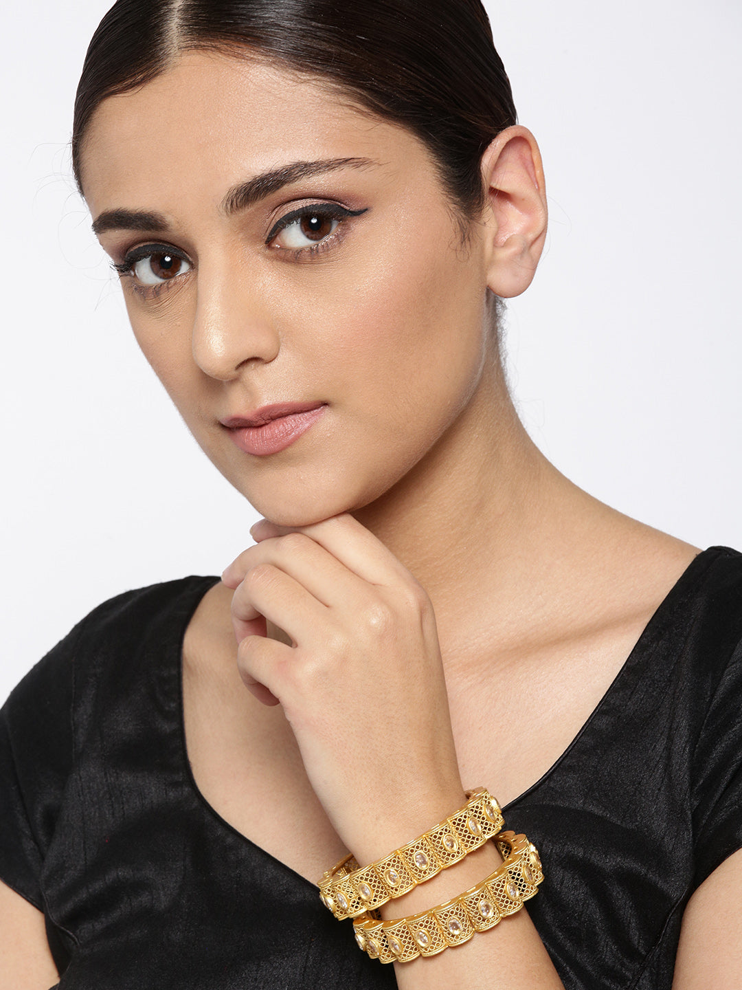Priyaasi Women Set Of 2 Gold-Polished Stones Studded Jali Work Bangles 