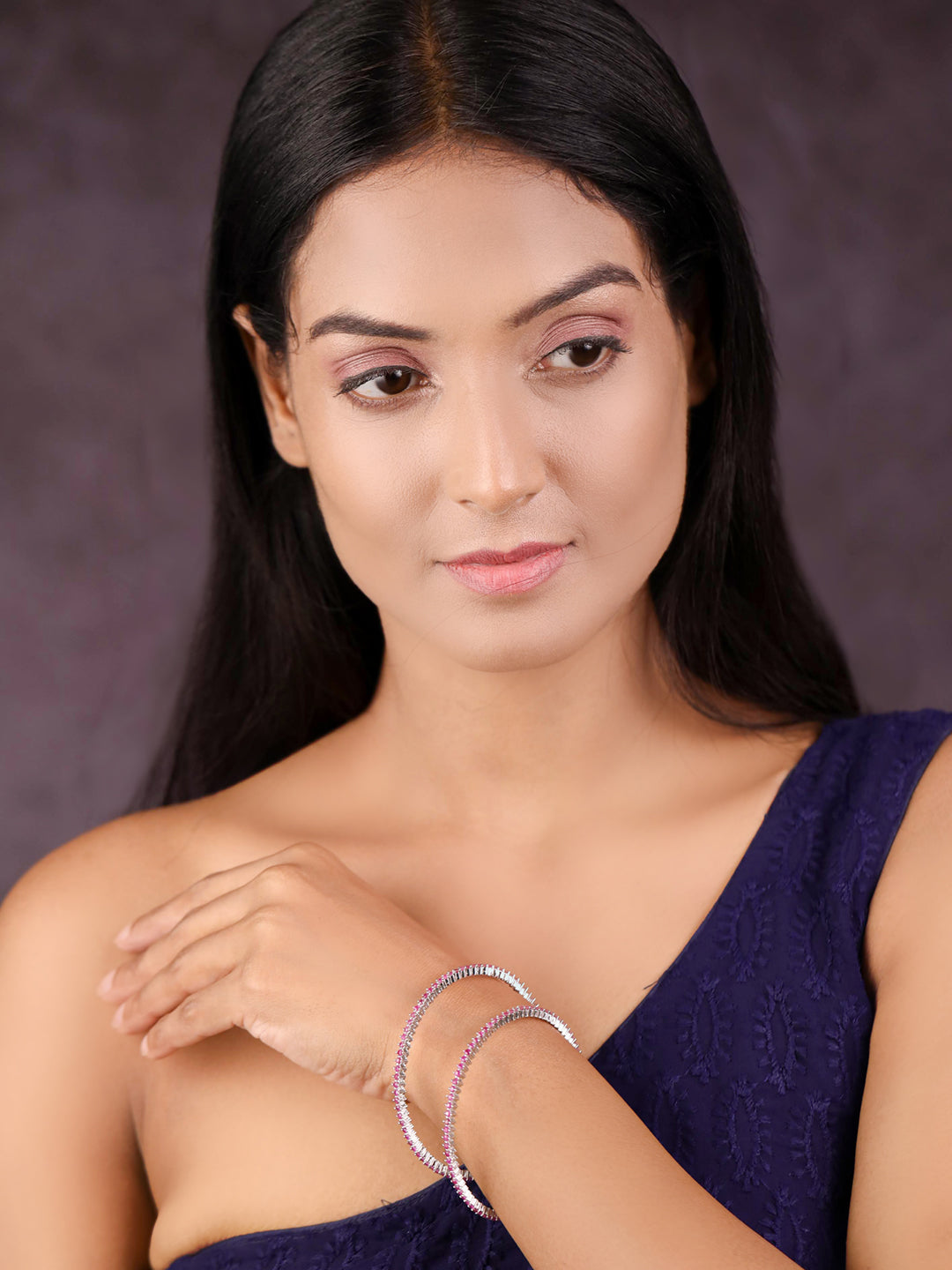 Priyaasi Women Purple Stones Silver Plated Bangles Set 