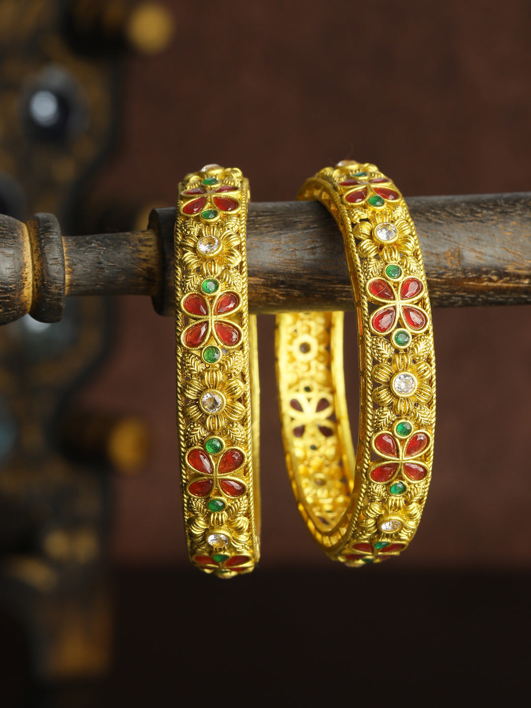 Priyaasi Women Multi Color Ruby Emaraled Gold-Polished Set Of 2 Bangles 