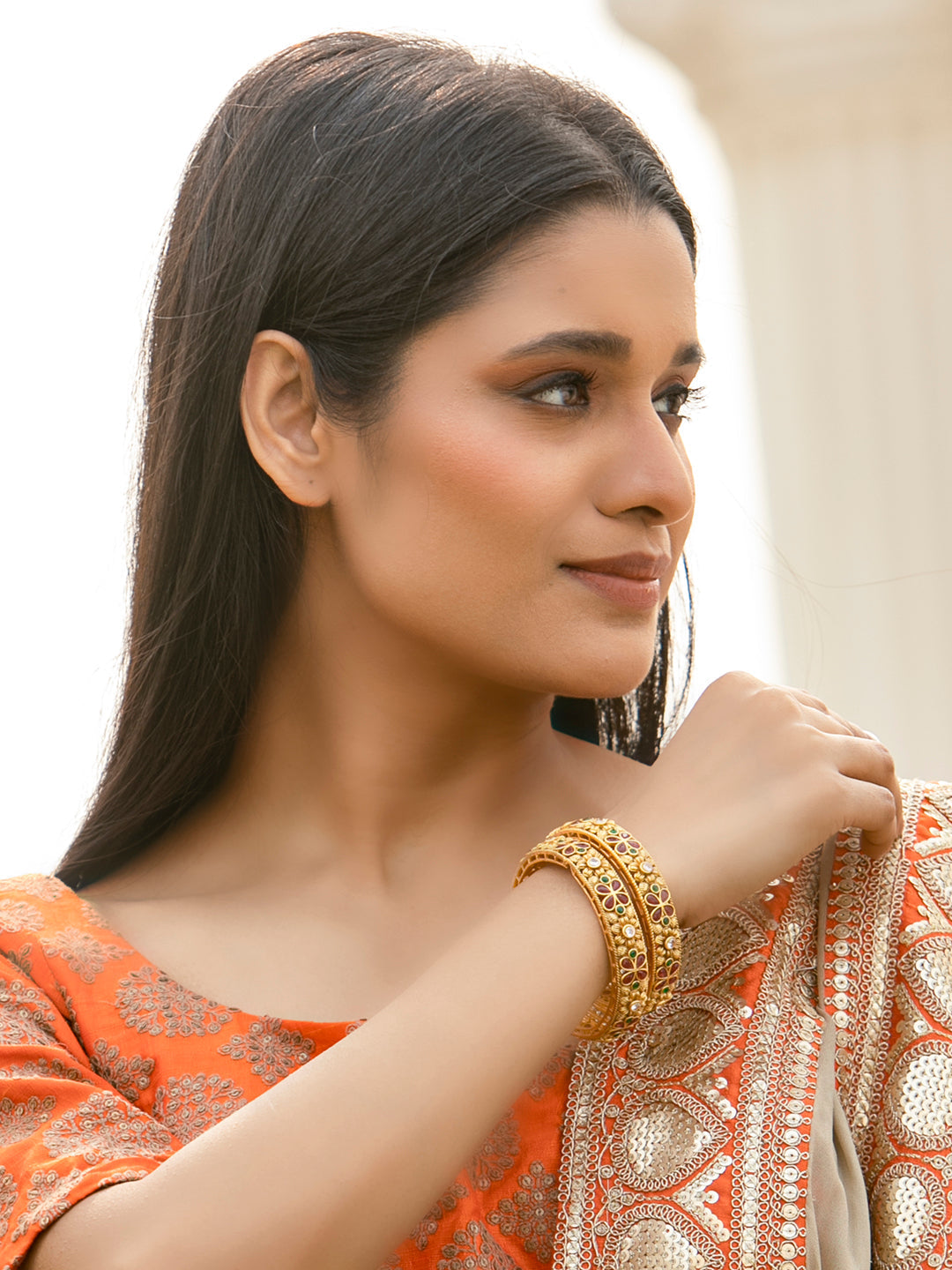 Priyaasi Women Multi Color Ruby Emaraled Gold-Polished Set Of 2 Bangles 