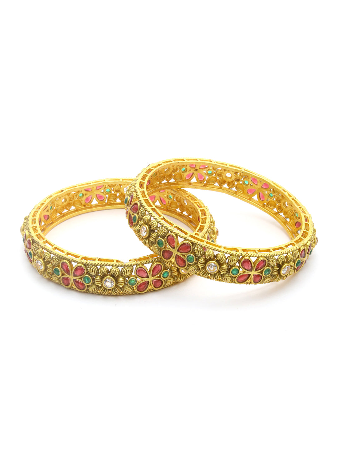 Priyaasi Women Multi Color Ruby Emaraled Gold-Polished Set Of 2 Bangles 