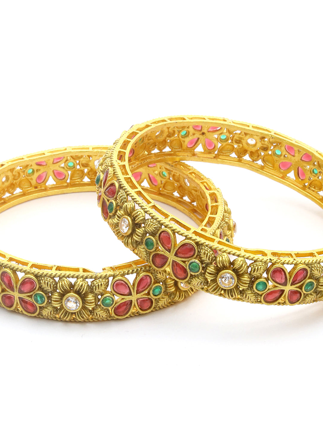 Priyaasi Women Multi Color Ruby Emaraled Gold-Polished Set Of 2 Bangles 