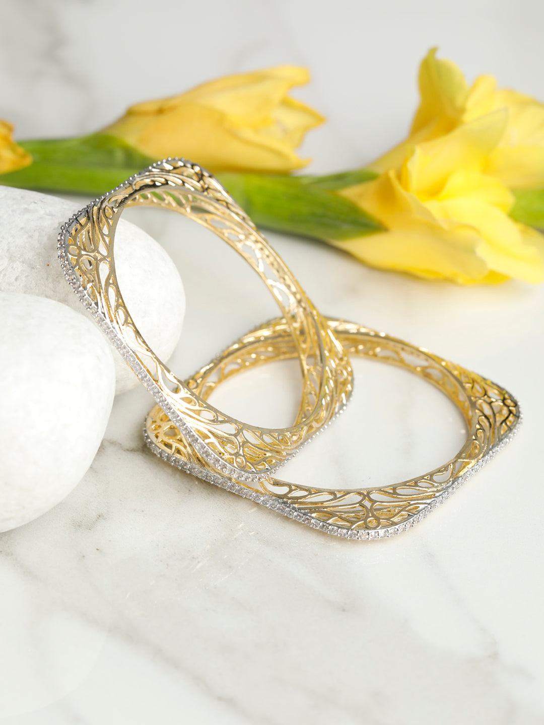 Priyaasi Women Square American Diamond Gold-Polished Set of 2 Bangles 