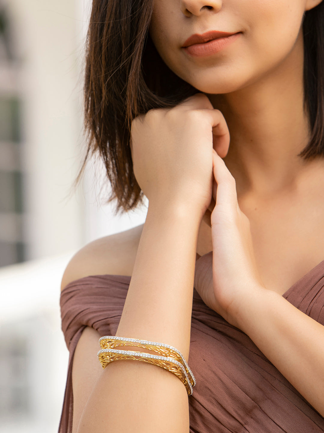 Priyaasi Women Square American Diamond Gold-Polished Set of 2 Bangles 