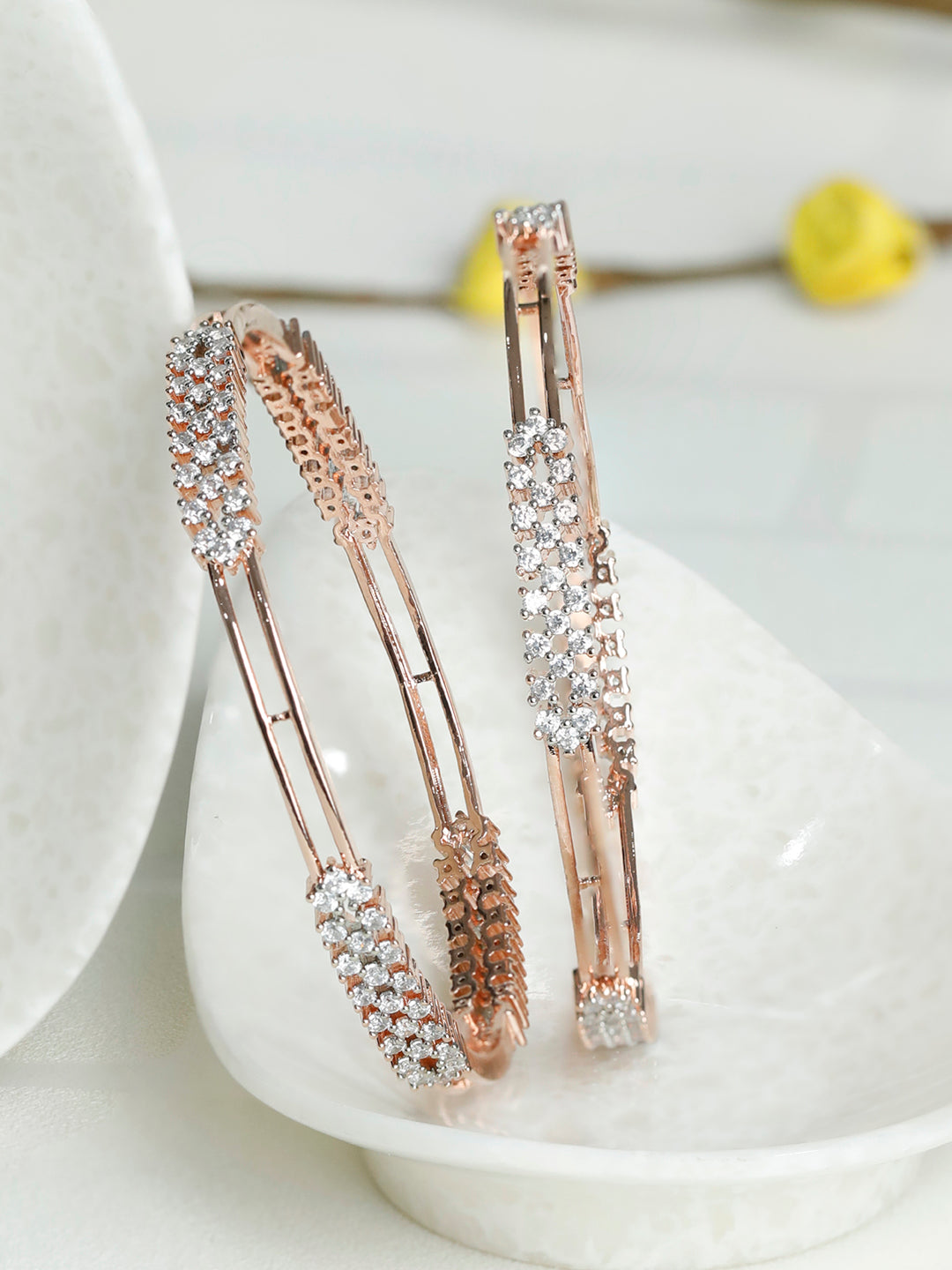 Priyaasi Women Elegant Floral American Diamond Rose Gold Bangles Set of 2 