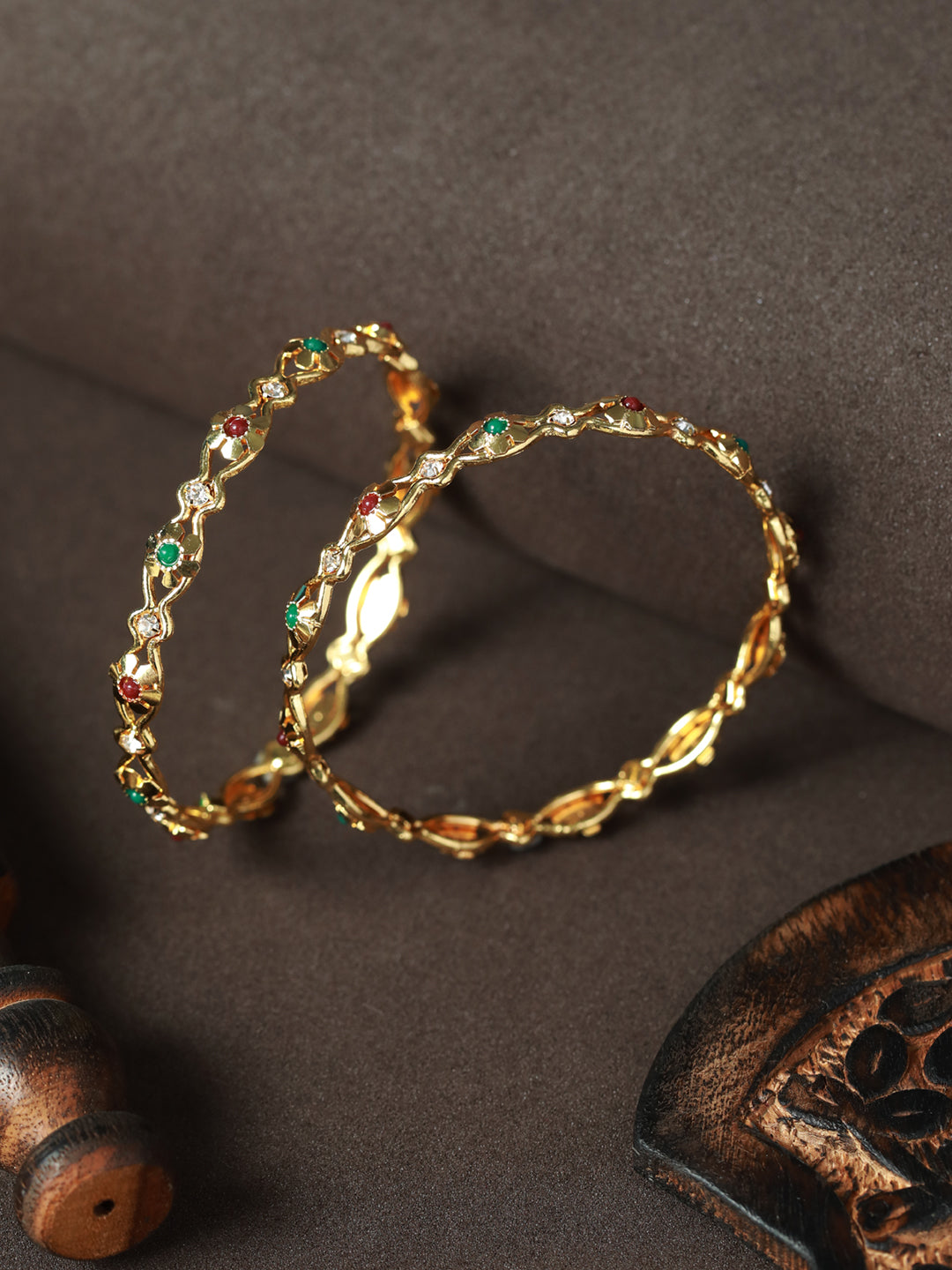 Priyaasi Women Floral Studded Gold-Polished Bangle Set of 2 