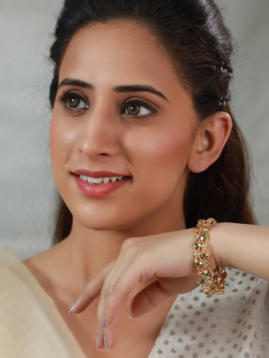 Priyaasi Women Floral Studded Gold-Polished Bangle Set of 2 