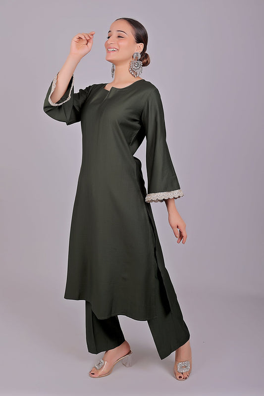 Bluesaanchi Women's Dark Green Kurti Pajama Set | Swadesiicart