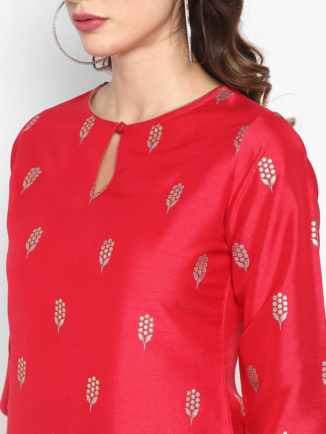 Janasya Women Red Poly Silk Kurta With Palazzo and Dupatta