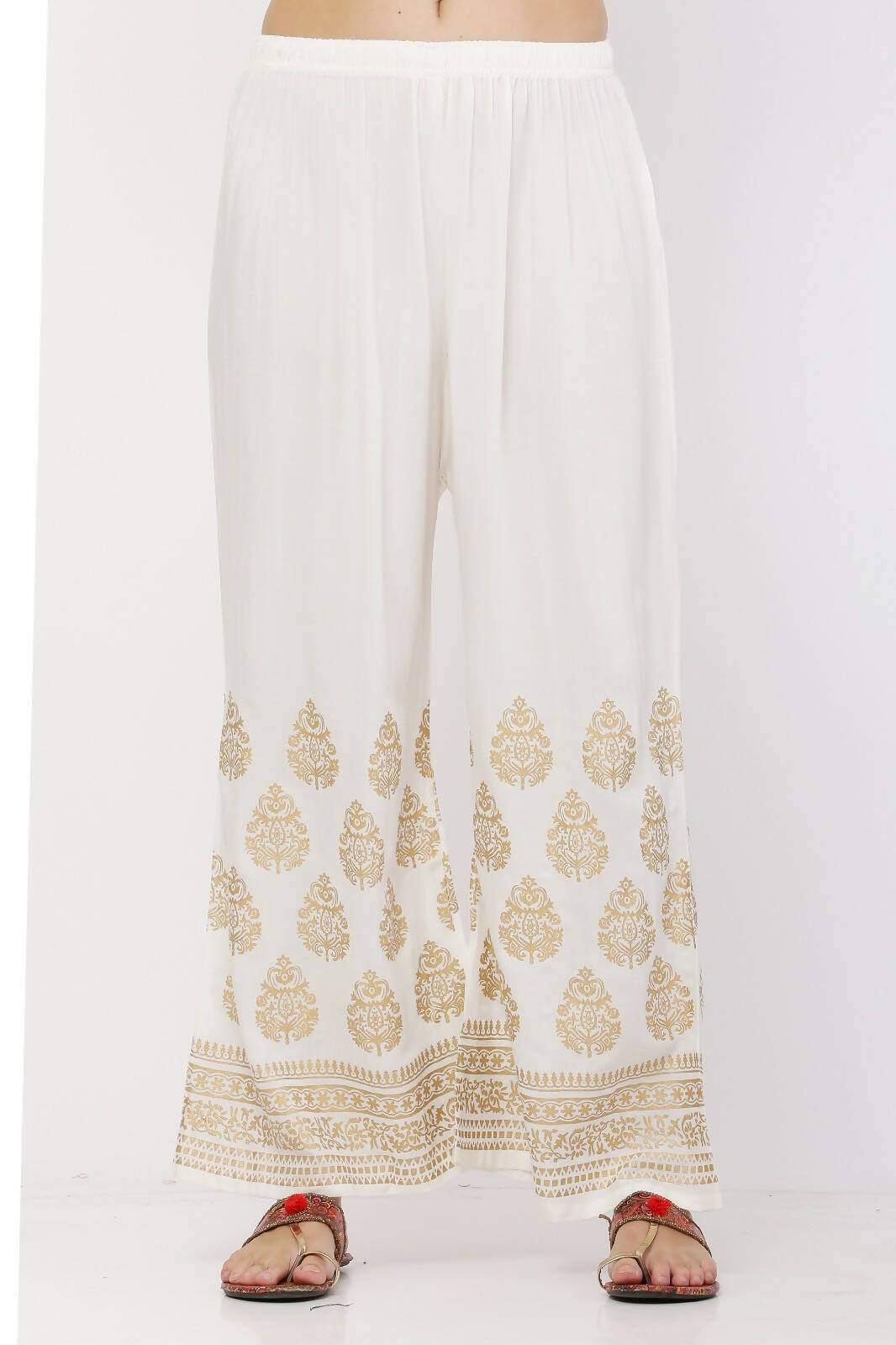 PAVONINE White Color Golden Printed Rayon Fabric Sharara For Women