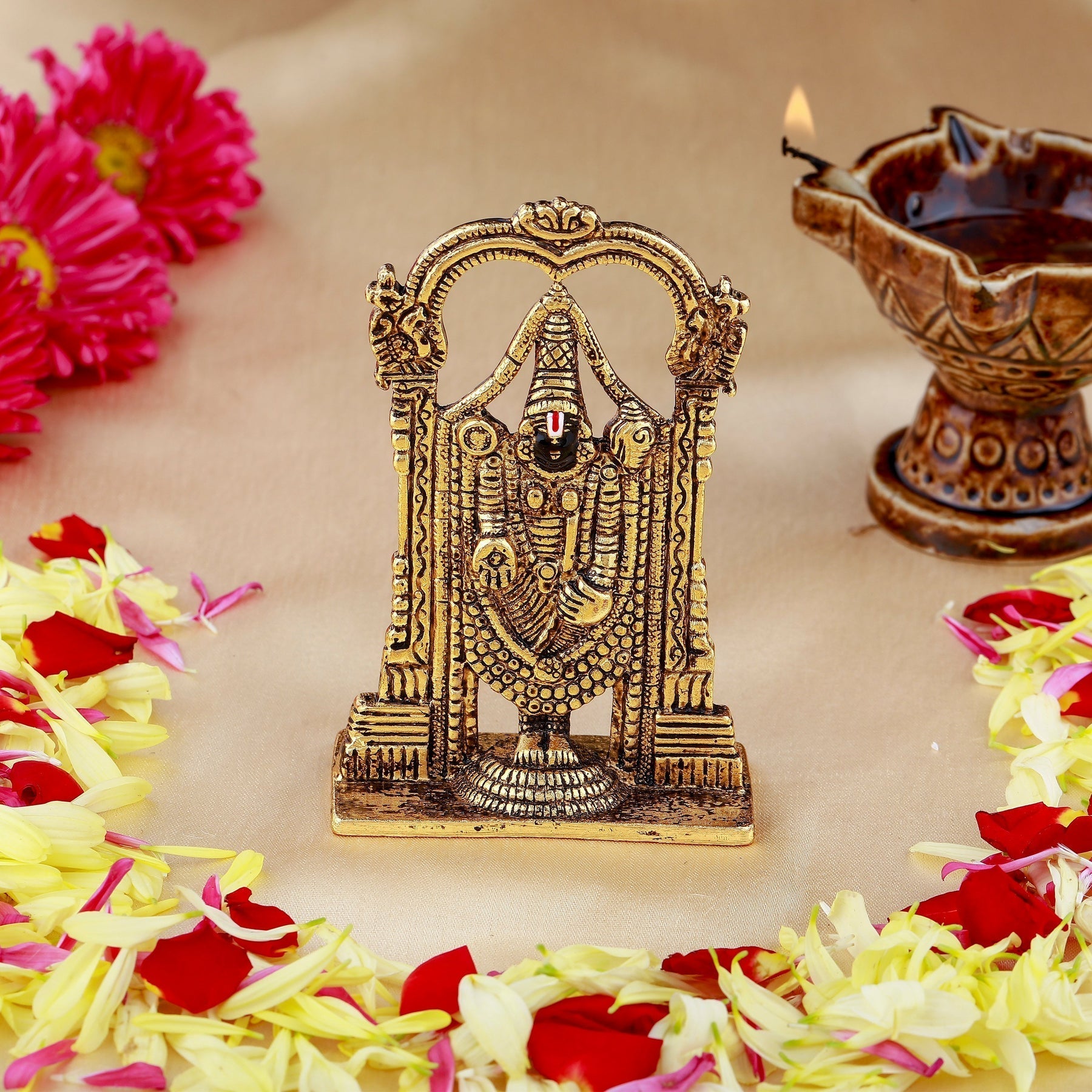 Estele Gold-Polished Lord Tirupati Balaji Idol Showpiece for Pooja Mandir/ Home Decorative 
