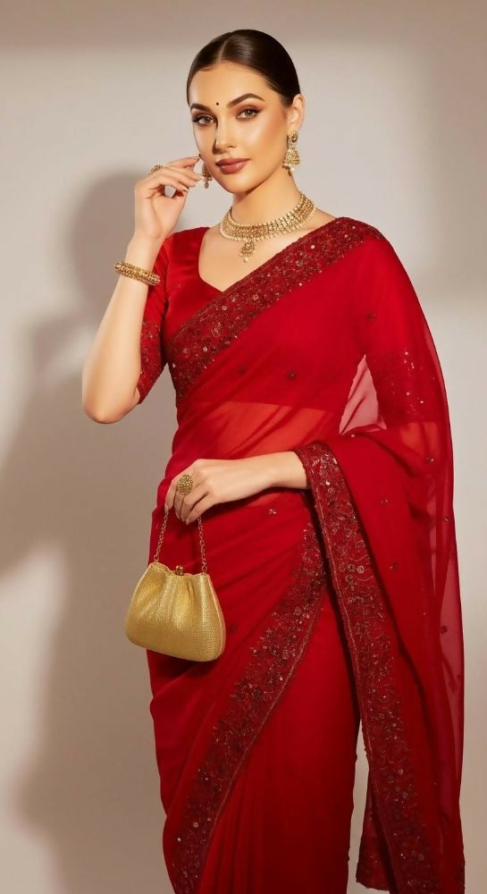 Joban Fashion Red Fandy Satin Silk Party Wear Sarees
