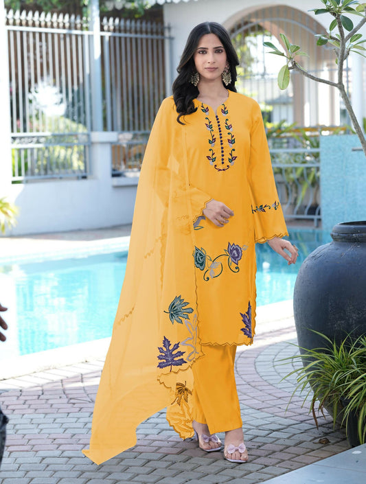 Nikhaar Yellow Embroidered Art Silk Stitched Straight Cut Kurta Pants Dupatta Readymade Suit