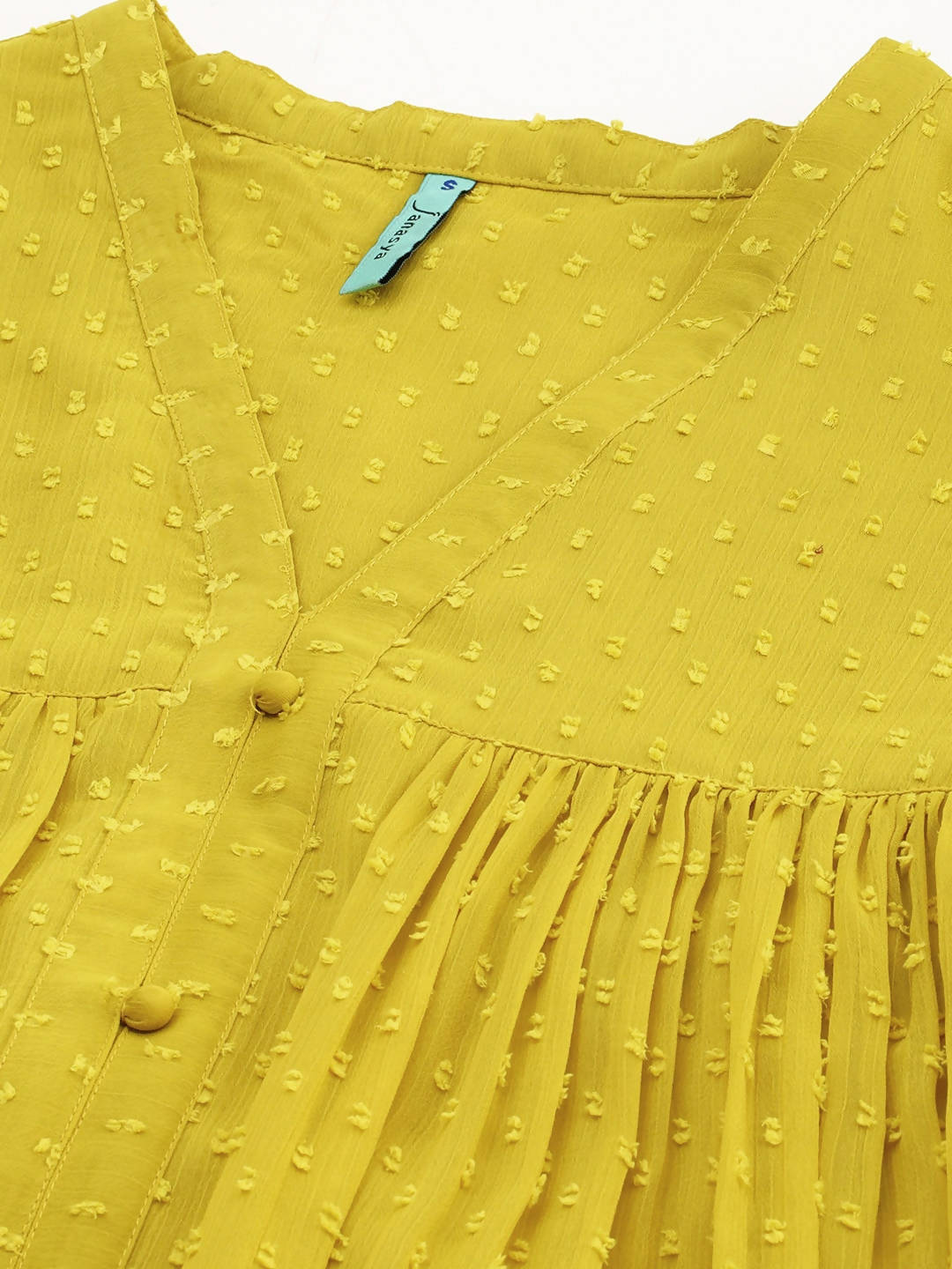 Janasya Women Mustard Yellow Dobby Weave Poly Chiffon Kurta