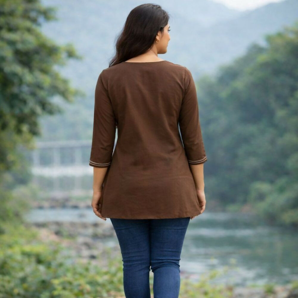 Teeya Creation Womens New Latest Cotton Brown Floral Embroidered Short Kurti