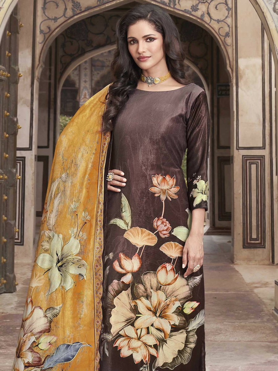 Aastha Fashion Women's Brown Velvet Floral Digital Printed Kurta with Trouser & Dupatta - Grab2buy