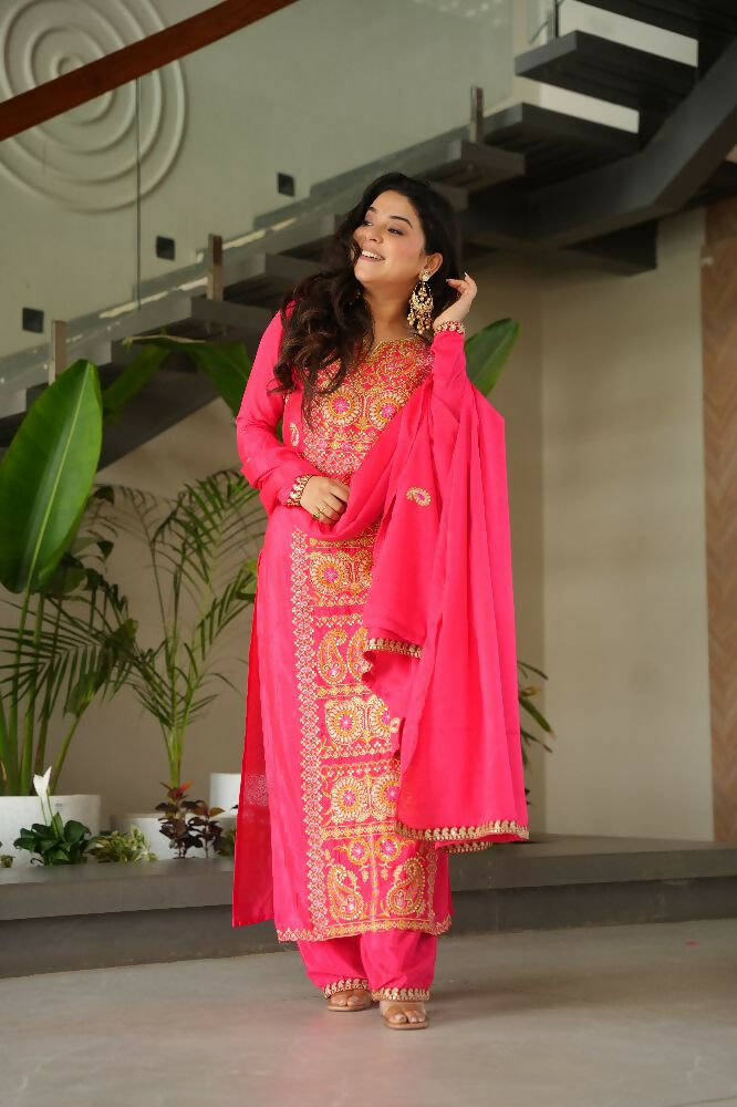 Joban Fashion Gajri Kurta Set Silk Sequins , Zari, Coding & Thread Embroidered work