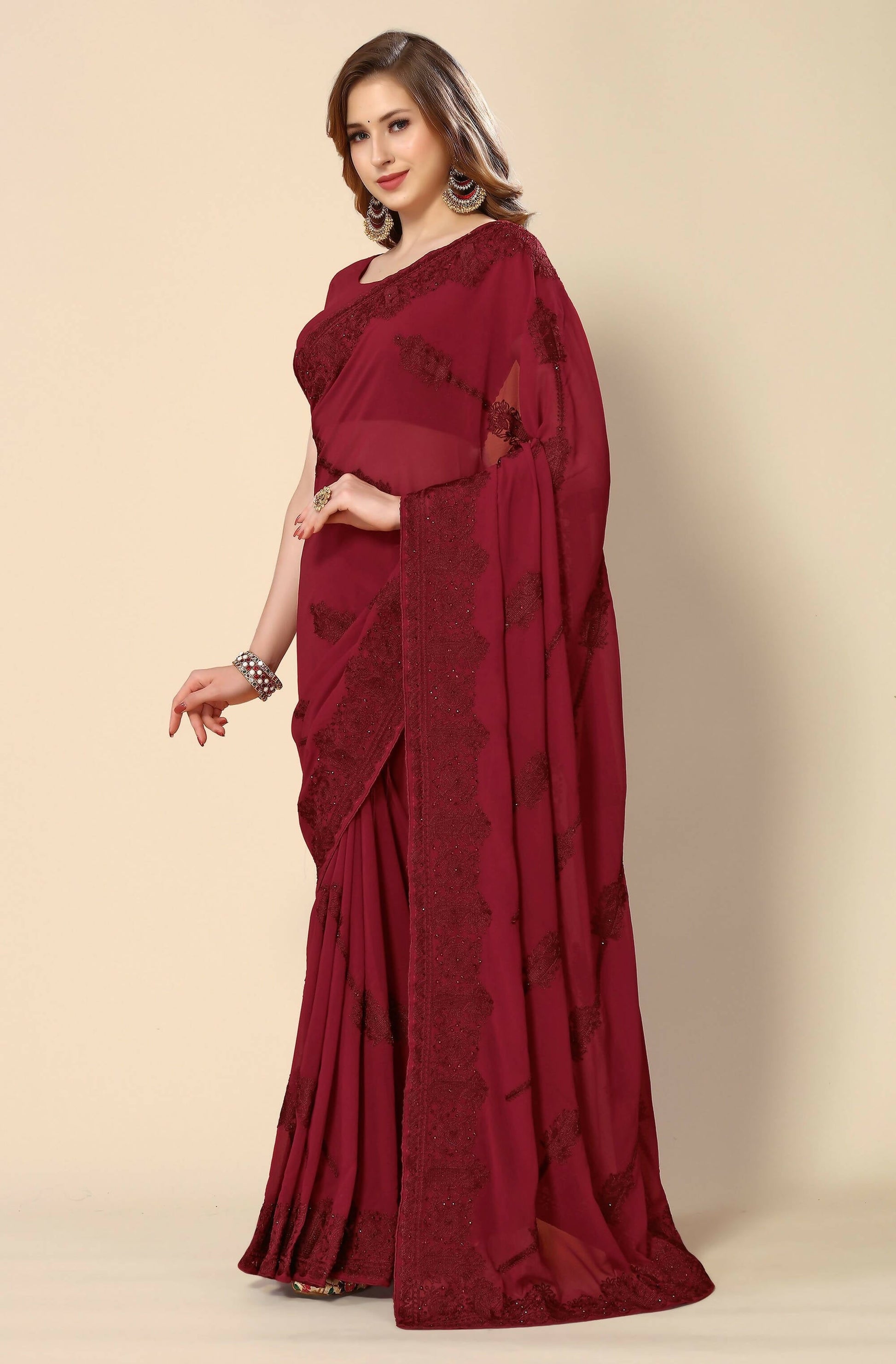 Maroon Georgette Embroidered and Stone Work Saree with Unstitched Blouse Piece - Roozal
