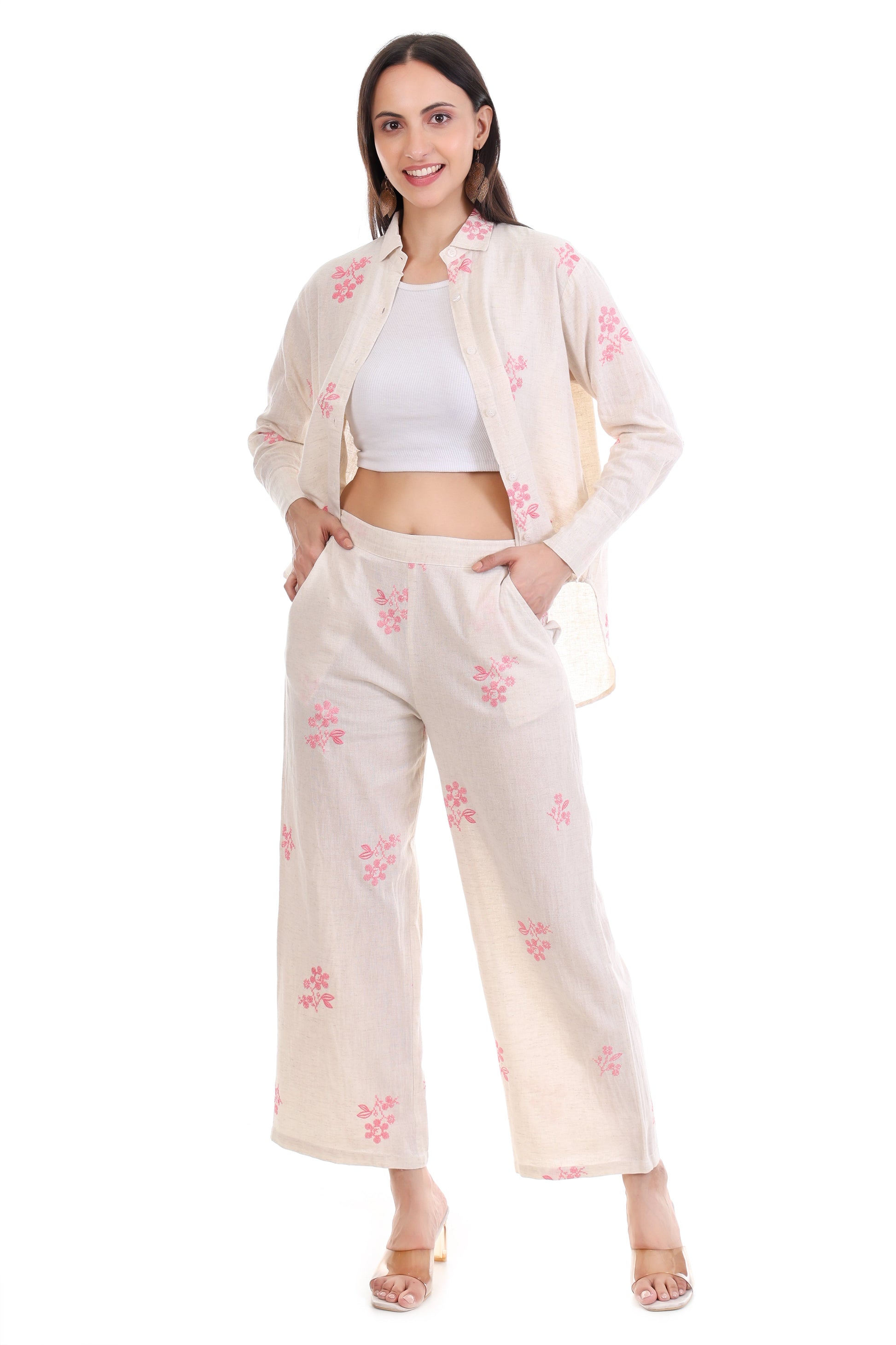 Jaitra Apparels Off White Embroidered Premium Pure Cotton Co-Ord Set For Women 