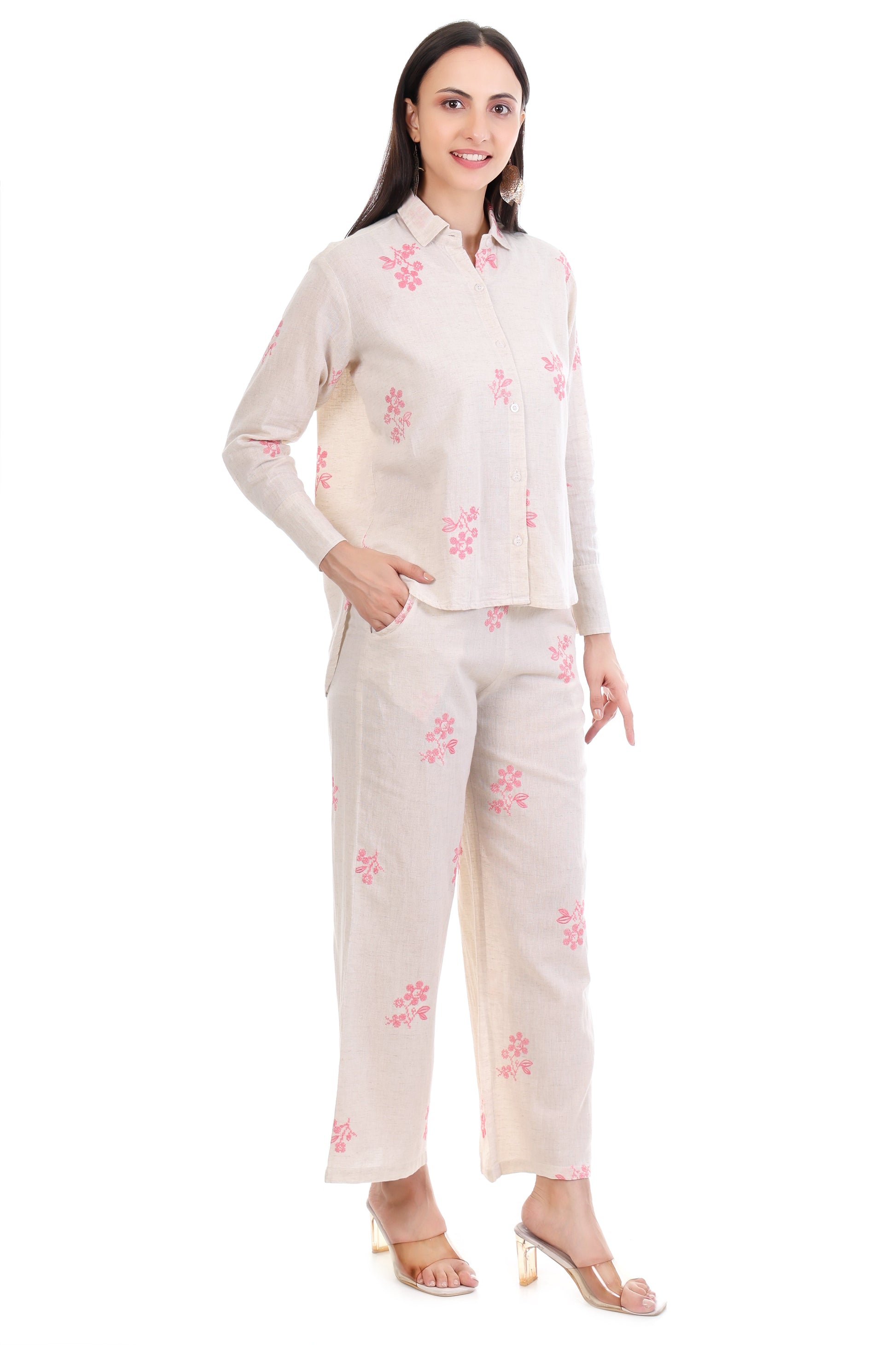 Jaitra Apparels Off White Embroidered Premium Pure Cotton Co-Ord Set For Women 