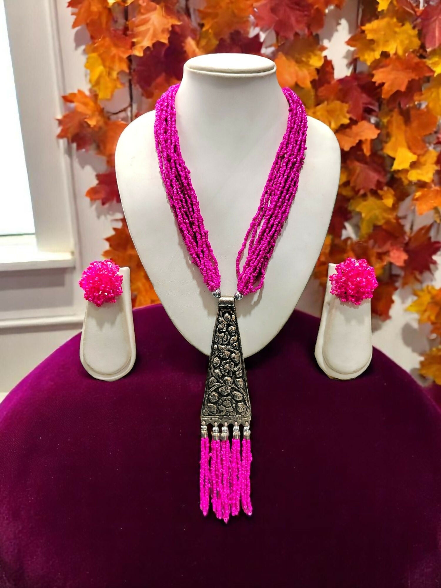 Inhanns Day-To-Dinner Tie Shaped Oxidized Black Metal Multi-Layered Long Necklace Set - Hot Pink