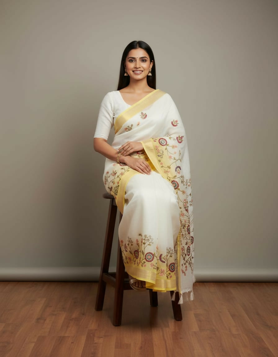 Morchari White Mal Chanderi With All Over Kantha Hand Work Saree