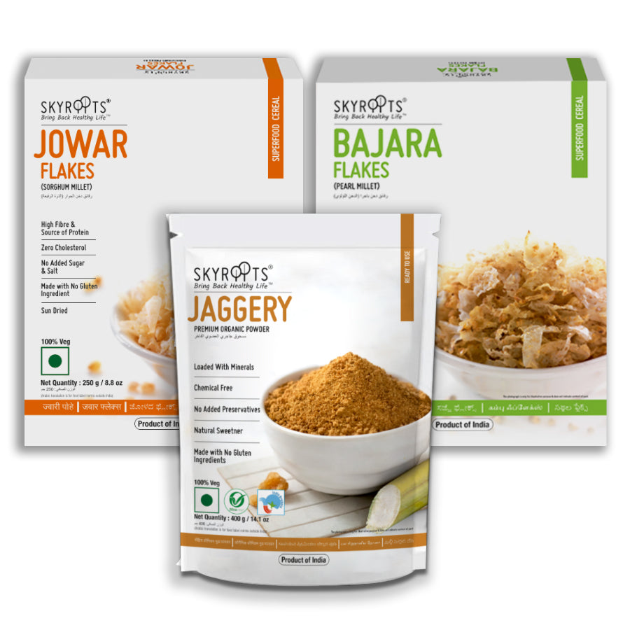 Skyroots Bajara Flakes + Jowar Flakes + Organic Jaggery Powder Combo Pack 